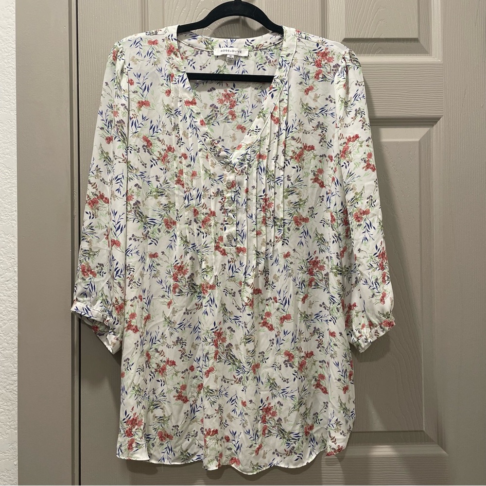 White V-Neck Multi-Colored Floral Patterned Blouse Halfway Button Down